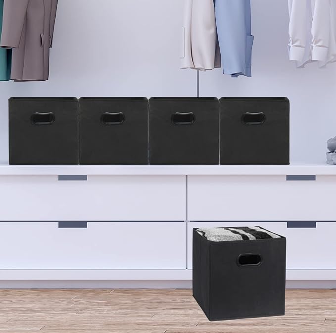 Simple Houseware Foldable Cube Storage Bins with Handles, 11-Inch, Black, 6-Pack, Fabric Cubes Organizer for Closet or Shelves