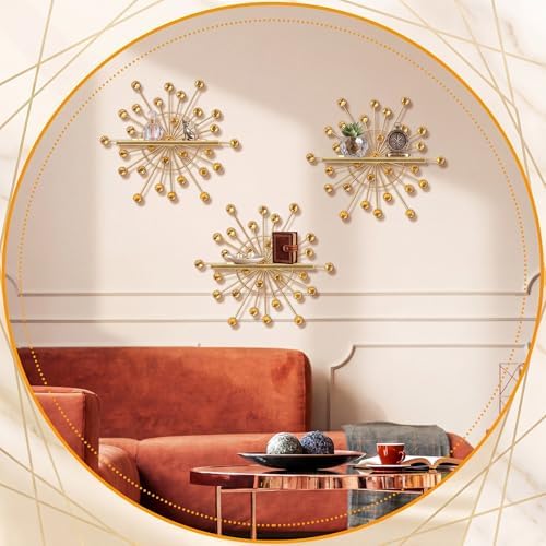 Yaocom 3 Pcs Crystal Floating Shelves, Bling Sparkle Metal Starburst Wall Decor Shelves, Gold Folding Wall Mounted Stora