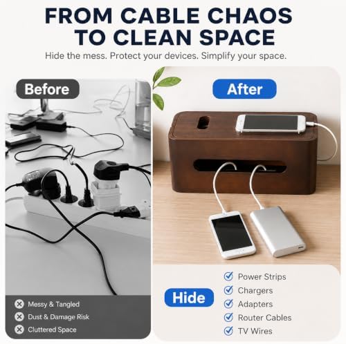 Large Wooden Cable Management Box, Cord Organizer for Power Strip, Surge Protector & Chargers, Ventilation Holes & Multi