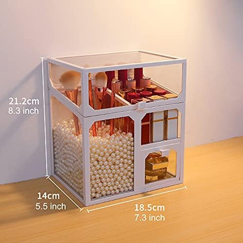 MOOCHI White Vintage Glass Cosmetic Multifunctional Makeup Organizer with Pearls Dustproof Cosmetics Storage Display Cas