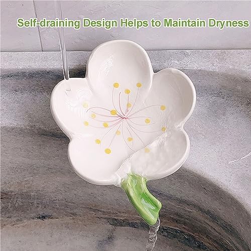 Self-Draining Soap Dish Ceramic Cute Bar Soap Holder for Countertop, Kitchen, Bathroom, Bedroom, Peach Blossom, White