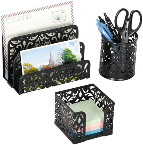 EasyPAG Desk Organizers and Accessories 3 Pieces Office Organizer Set - Pen Holder for Desk, Mail Sorter Countertop and Sticky Note Holder, Black