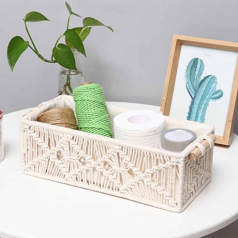 Macrame Storage Baskets Boho Decor Box for Organizing, Handmade Woven Decorative Basket for Countertop Toilet Tank Shelf