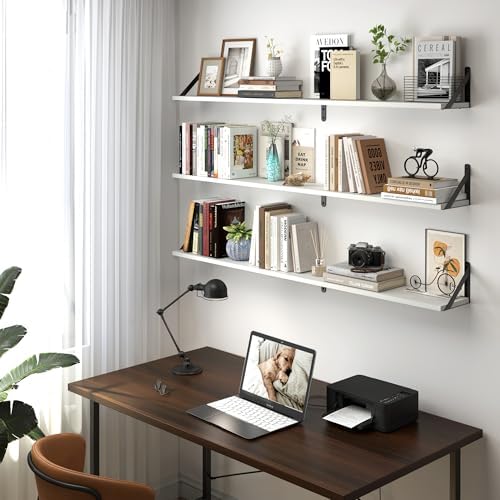 Heimlove 48 Inch Large Wall Bookshelves Set of 3, Wall Mounted Bookshelves,Heavy Duty Wooden Shelves for Living Room,Bed