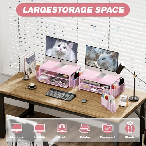 OPNICE Desk Organizer and Accessories, 2-Tier Computer Monitor Stand Riser with Drawer and 2 Pen Holders, Laptop Stand, 