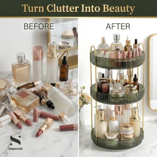360° Rotating Makeup Organizer, 3 Tier Spinning Cosmetic Organizer for Vanity & Bathroom Countertop, Holds Tall Skincare