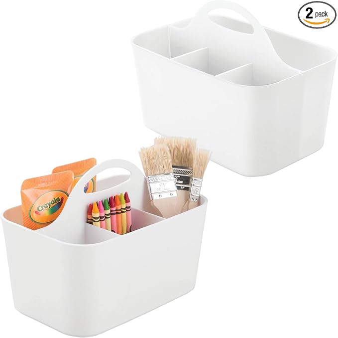 mDesign Plastic Portable Craft Storage Organizer Caddy Tote, Divided Basket Bin w/Handle - Craft, Sewing, Art Supplies - Holds Brushes, Colored Pencils - Lumiere Collection - White, 2 Pack