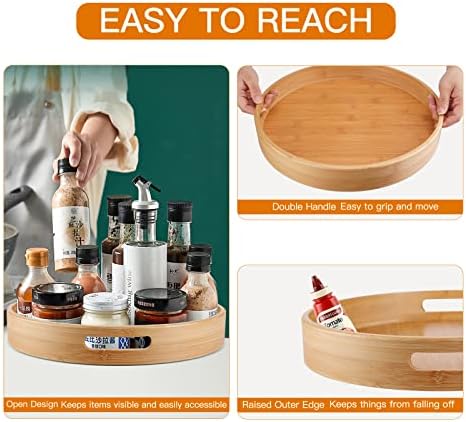 Lazy Susan Organizer 14 inch, Bamboo Lazy Susan for Table, Kitchen Turntable Organizer with Double Handles, Round Wood R