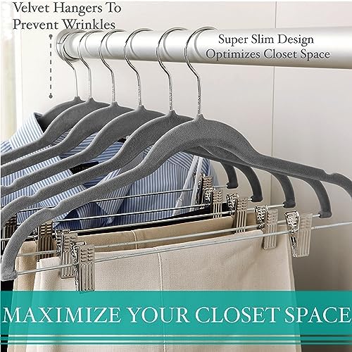Simplify 60 Pack Velvet Hangers with Clips | Skirt and Pants | Slim Space Saving | Closet Organization | Non-Slip | Prevent Creases | Swivel Neck | Durable | Grey