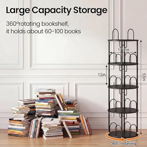 4 Tier Rotating Bookshelf, 360° Spinning Bookshelf Tower, Narrow Corner Book Shelf, Revolving Bookcase Corner Tall Book 