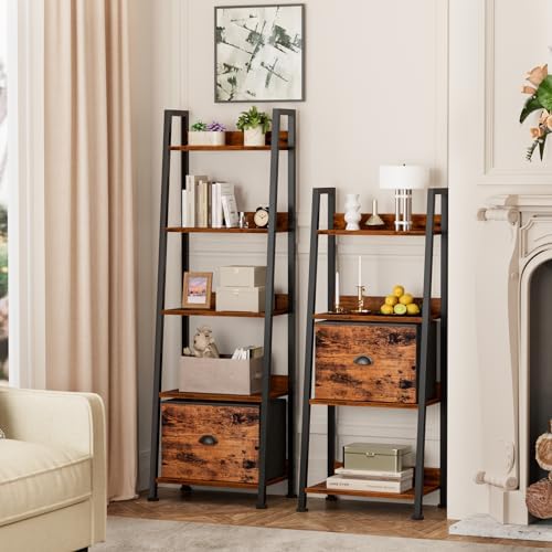 Furologee Ladder Shelf, 5 Tier Bookshelf with Fabric Drawer, Rustic Brown