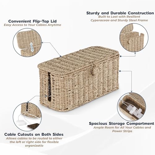 Bluewest 2-Pack Cable Management Box with Lids, Rattan Cord Organizer