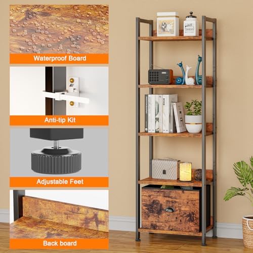 Furologee 5 Tier Bookshelf with Drawer, Tall Narrow Bookcase, Rustic Brown