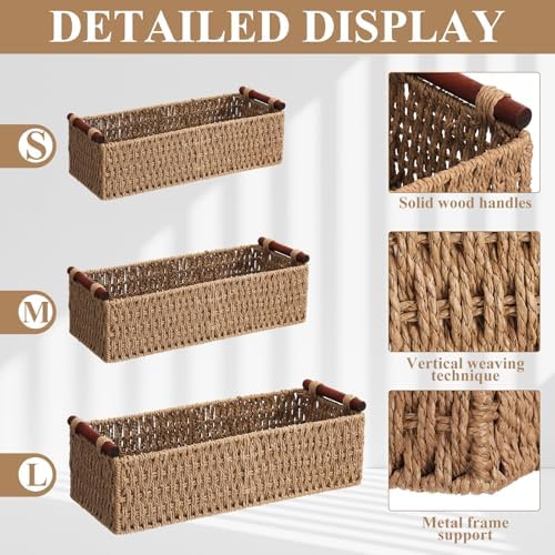 Boao 3 Pcs Boho Storage Wicker Baskets Handmade Woven Decorative Paper Rope Baskets for Organizing with Handle Counterto