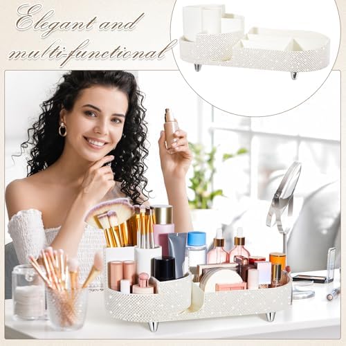 Rotating Makeup Organizer Vanity, White, Pearl