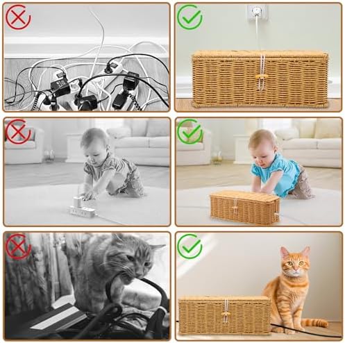 Cable Management Box, Handmade Rattan Cable Organizer Cord Basket