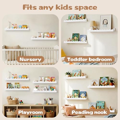 Nursery Floating Shelves for Kids Room, 2 Pack 23.6 Inch White Wall Shelves with Scalloped Edge, Kids Bookshelves for To