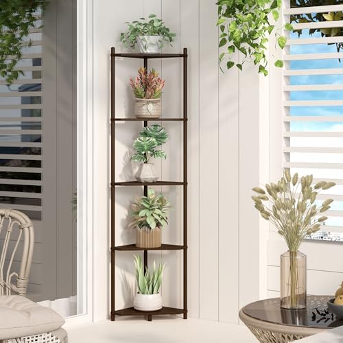 Wisuce Brown Tall Corner Shelf Stand, 5-Tier Bamboo Corner Bookshelf