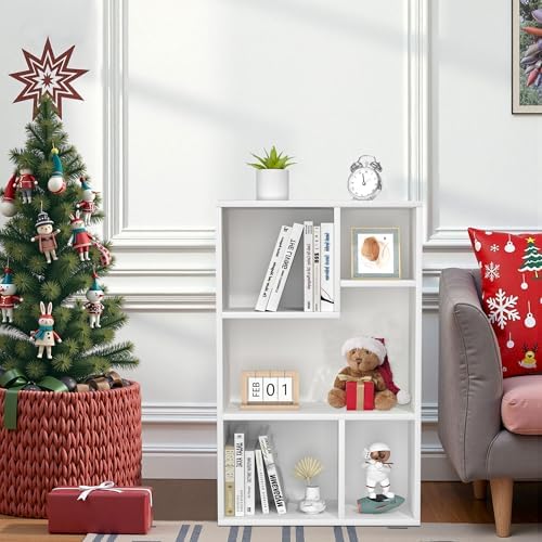 VECELO Modern White Bookshelf, 31.3" H Freestanding Wide Open Cubby Storage Cabinet, Uneven Compartments, Thickened Boar