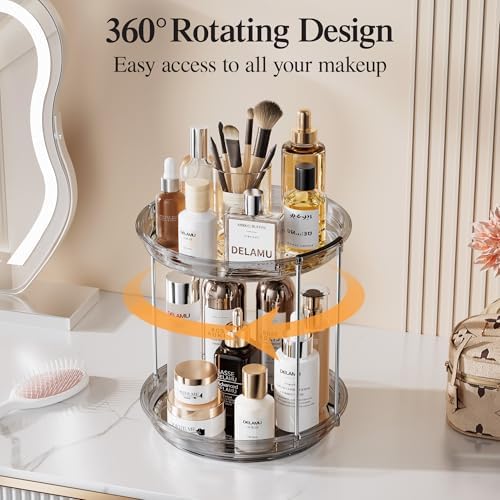 Delamu 2 Tier Rotating Makeup Organizer for Vanity, Skincare Organizer for Bathroom Counter, Spinning Perfume Organizer 
