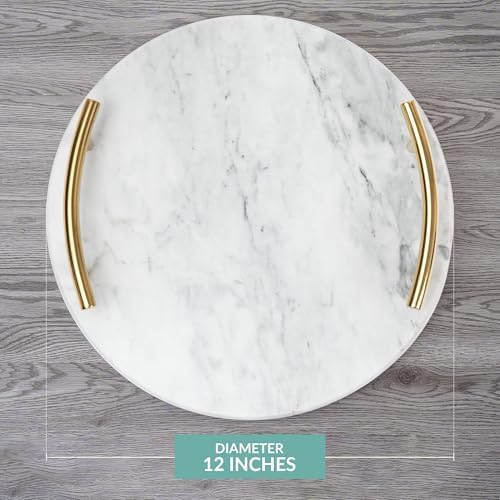 White Marble Tray with Gold Handles - Decorative Round Marble Vanity Tray