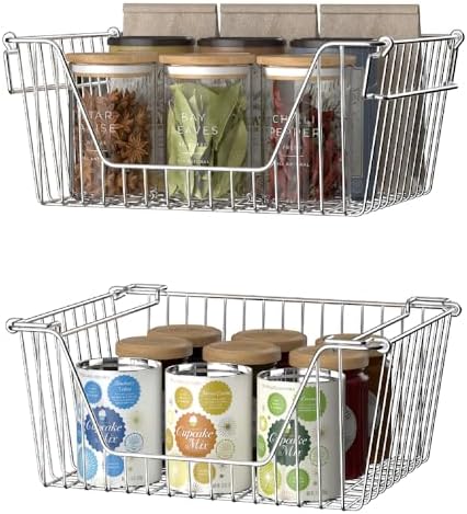 Slideep Large Stackable Storage Baskets Cabinet Organizer Sturdy Metal Wire Pantry Freezer Bin for Pantry Home Bathroom 