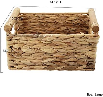 Natural Woven Water Hyacinth Storage Basket with Wood Handles, Large