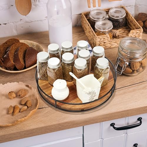 12" Acacia Wood Lazy Susan, Tomoaza Kitchen Organizer Turntable with Steel Sides, 360 Degree Turntable for Countertop Ca