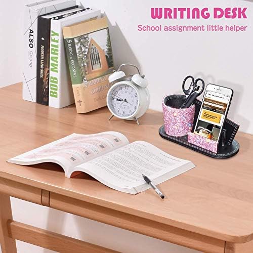 KEYPOWER Pen Pencil Holder Business Name Cards Decorative Bling Crystal Rhinestone PU Leather Gift for Women Girls (Pink)
