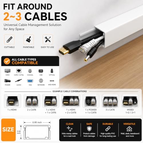 OnElecs 315in Cable Raceway Kit, Cord Cover Wall Cord Hider, PVC Wire Hider Wall Mount for TV Computer Office - Self-Adh