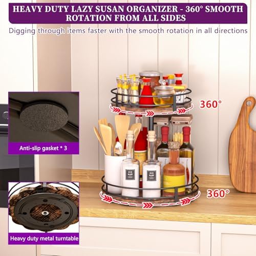 Heavy-Duty 2-Tier Lazy Susan Organizer, Adjustable to Different Heights, Countertop Spice Rack, Upgraded Thickened Woode