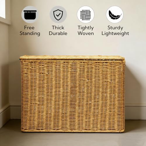 Pumtus Woven Storage Basket with Lid, 3 Gallon Decorative Plastic Organizer Box with Handle, Rectangle Narrow Tall Trash