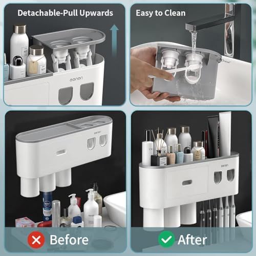Toothbrush Holders Wall Mounted, Toothbrush Holder with Automatic Toothpaste Dispensers, 6 Brush Slots, 3 Magnetic Cups,