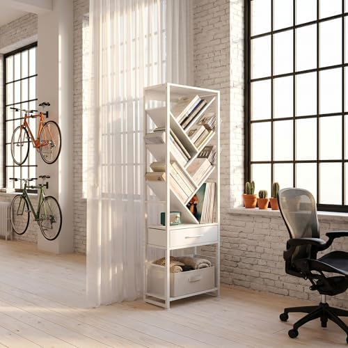 Bookshelf with Drawer,10 Tier Tree Bookcase Retro Floor Standing Bookshelves,Tall Wood Bookcases with Cabinet Storage Or