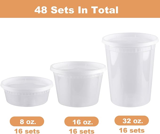 Deli Containers with Lids, 8/16/32oz, 48 Sets 【8,16,32oz 16 Each】 | BPA Free,Microwave Dishwasher Leakproof Freezer Safe,Takeout Soup Containers with Lids,Food Storage Containers with Lids