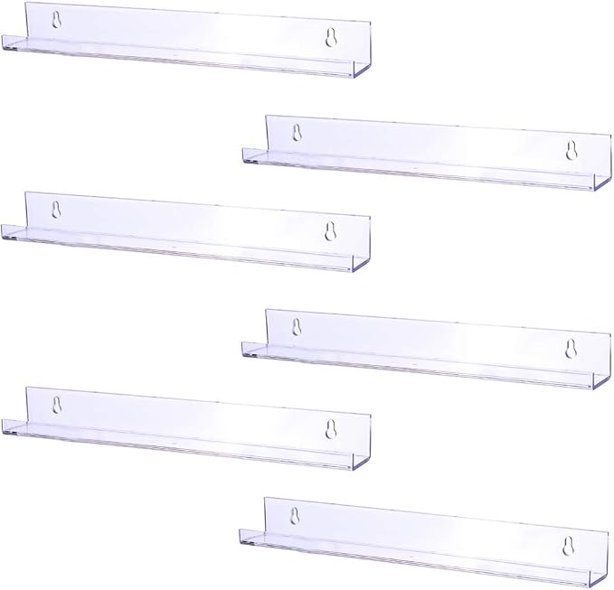 Sooyee 6 Pack 15 Inch Acrylic Invisible Floating Bookshelf for Kids Room, Modern Picture Ledge Display Toy Storage Wall Shelf, Clear