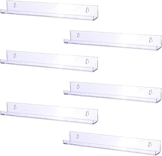 Sooyee 6 Pack 15 Inch Acrylic Invisible Floating Bookshelf for Kids Room, Modern Picture Ledge Display Toy Storage Wall Shelf, Clear