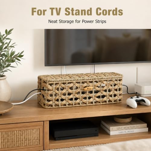 Handwoven Cable Management Box with Lid, Decorative Cord Organizer Basket for Power Strip, Charger, Router and USB Hub, 