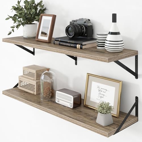 Axeman Deep Floating Shelves - 40 Inch Floating Shelves Set of 2-12 Inch Deep Grey Wood Wall Shelves for Living Room Bat