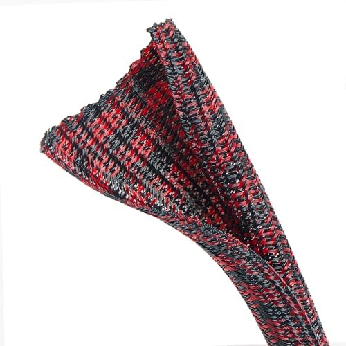 Cable Sleeve Self-Wrapping Wire Loom, Black Red,1/4 Inch x 100FT