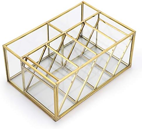 Hipiwe Vintage Gold Metal Desk Organizer - Glass Make up Brushes lipstick Holder Dresser Organizer Pen Pencil Storage Holder for Home Office Supplies (6 Compartment)