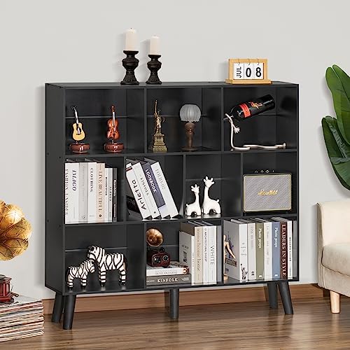 YAHARBO 10 Cube Bookshelf,3 Tier Bookcase with Legs,Black Mid-Century Modern Bookshelves,Large Free Standing Open Storag
