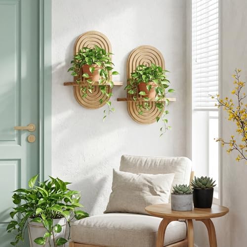 Heiple Set of 2 Boho Arched Floating Shelves 15.7”x 7.8” Plant Wooden Hanging Shelf for Living Room Bedroom Mid Century 