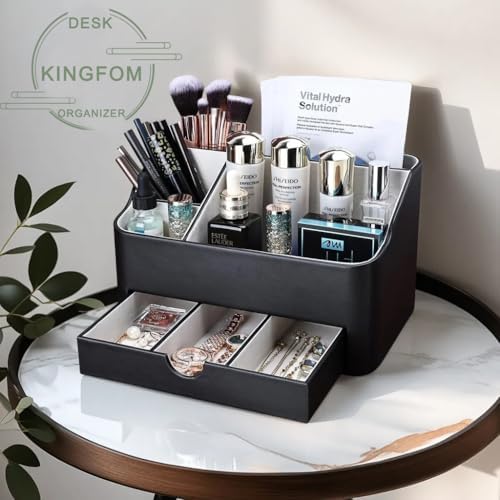 KINGFOM Leather Makeup Organizer with Drawer, Cosmetic Storage for Dresser Countertop and Bathroom Vanity, Beauty Holder
