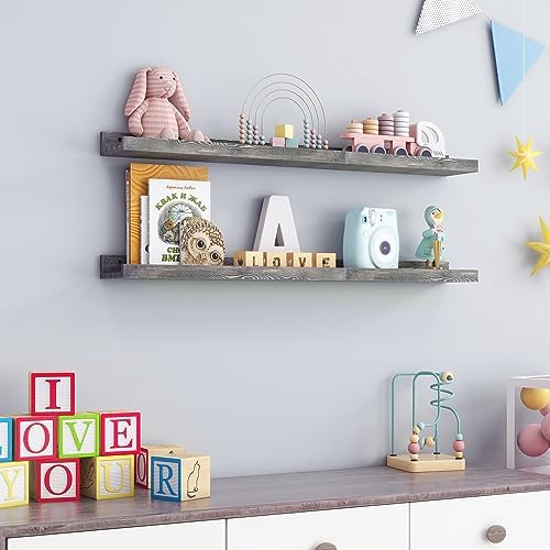 FLYJOE 36 Inches Floating Shelves for Wall, Solid Pine Wood Picture Ledge Shelves, Wall Shelves with Lips, Nursery Book Shelves for Toys Storage Living Room Bedroom Photo Frames (2 Pcs, Grey)