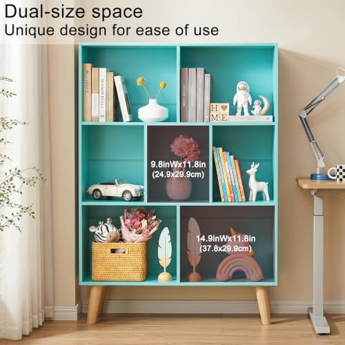 YAHARBO Green Bookshelf,3 Tier Book Shelf with Legs, 7 Cube Minimalist Bookcase,Storage Organizer Shelves Display Bookca