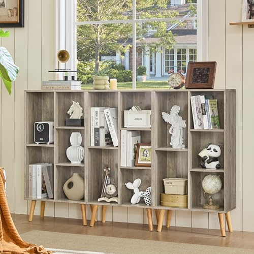 LEYAOYAO 5 Cube Bookshelf, Mid-Century Modern Book Shelf with Legs, Grey