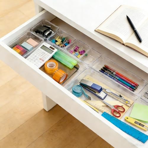 15 PCS Clear Drawer Organizer Set, 4 Sizes Desk Drawer Storage Bins, Divider Trays for Makeup, Vanity, Bathroom, Kitchen, Office