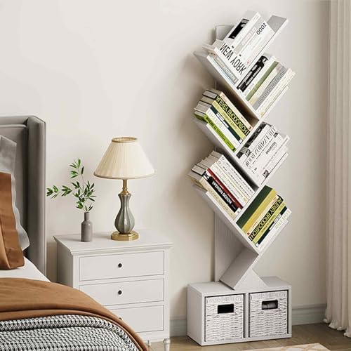 Vagusicc 6 Tier Tree Bookshelf with 2 Storage Cabinets, Tall Display Shelf Organizer for Books, Magazines, Home Decor, N