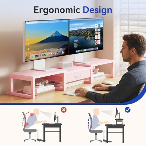 Desk Organizers and Accessories, Dual Monitor Stand Riser with Drawer, Computer Monitor Stand, Adjustable Desk Shelf for